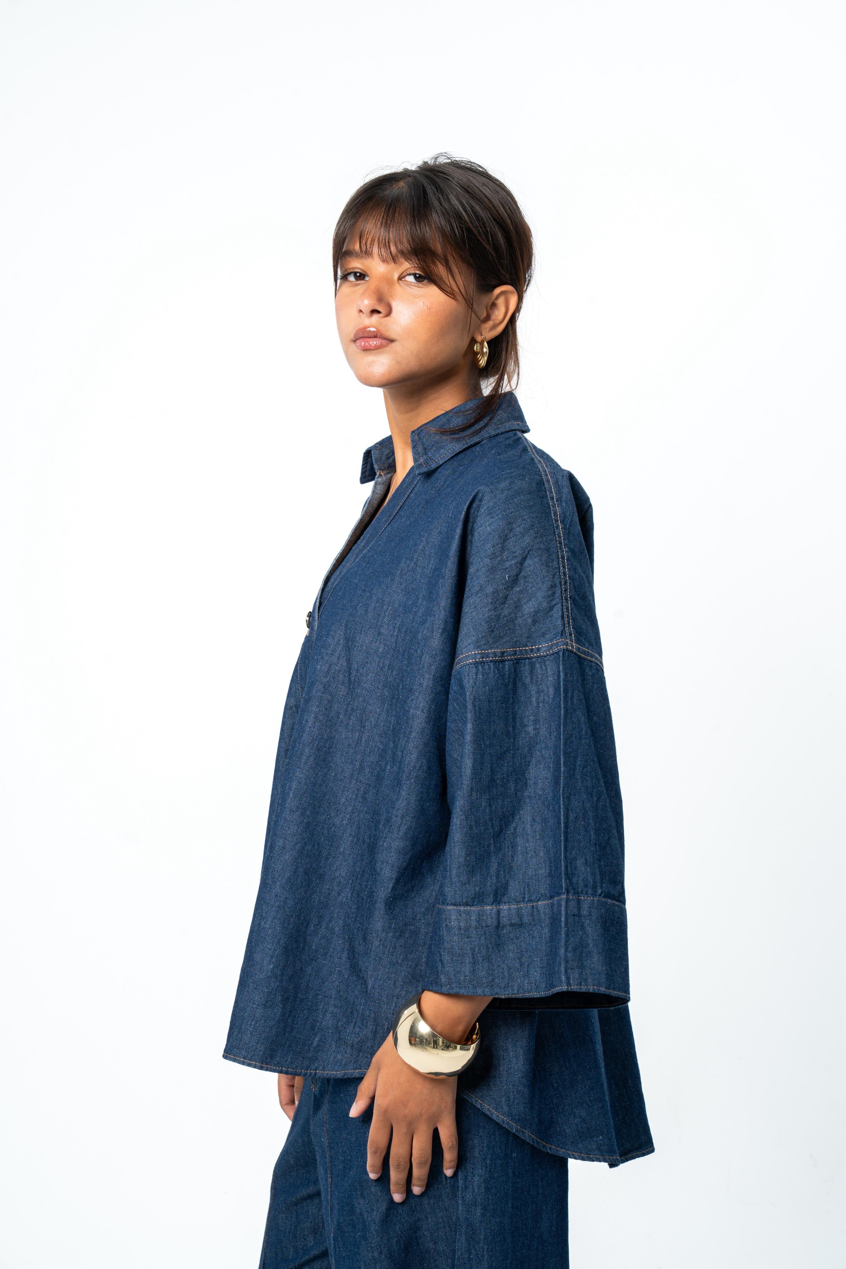 WIDE SLEEVE DENIM SHIRT - Dark Blue