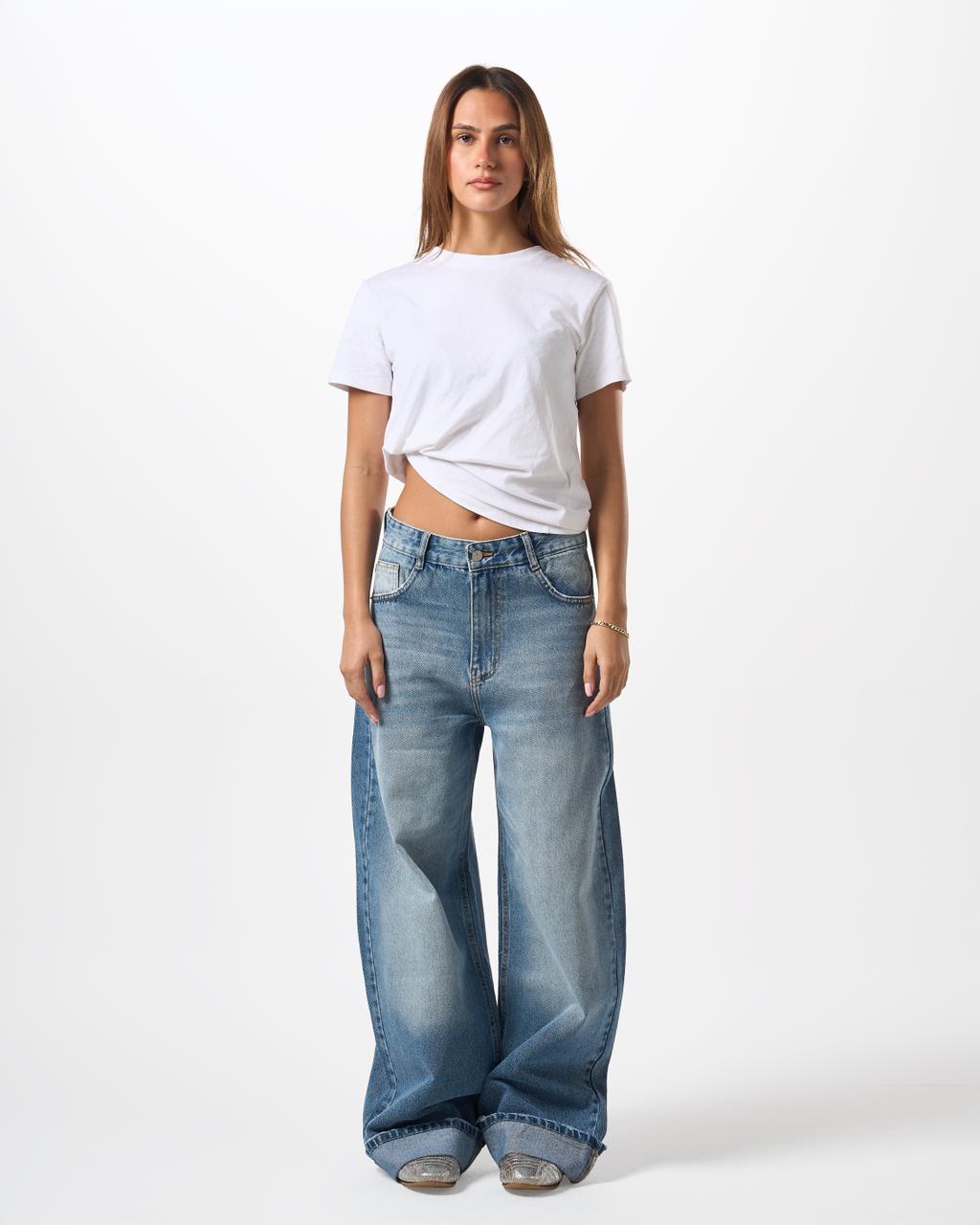 Baggy Folded Mid-Waist Jeans - light blue