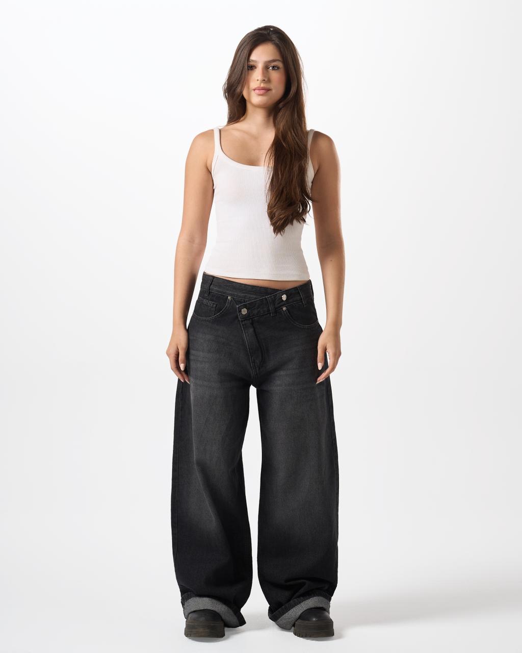 Wide-Leg Crossover Waist Jeans - Dirty black