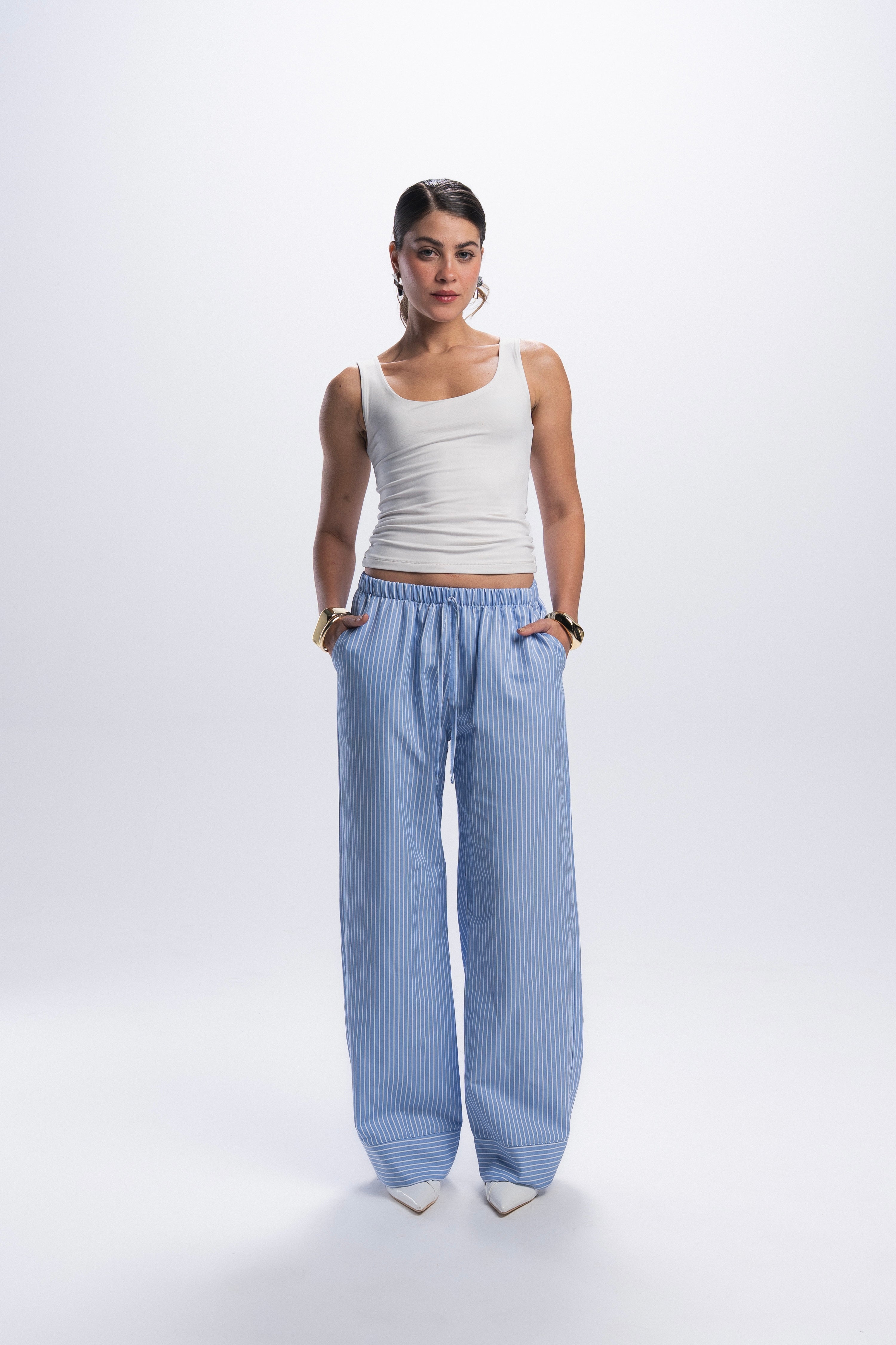 Striped Poplin Pants - Blue