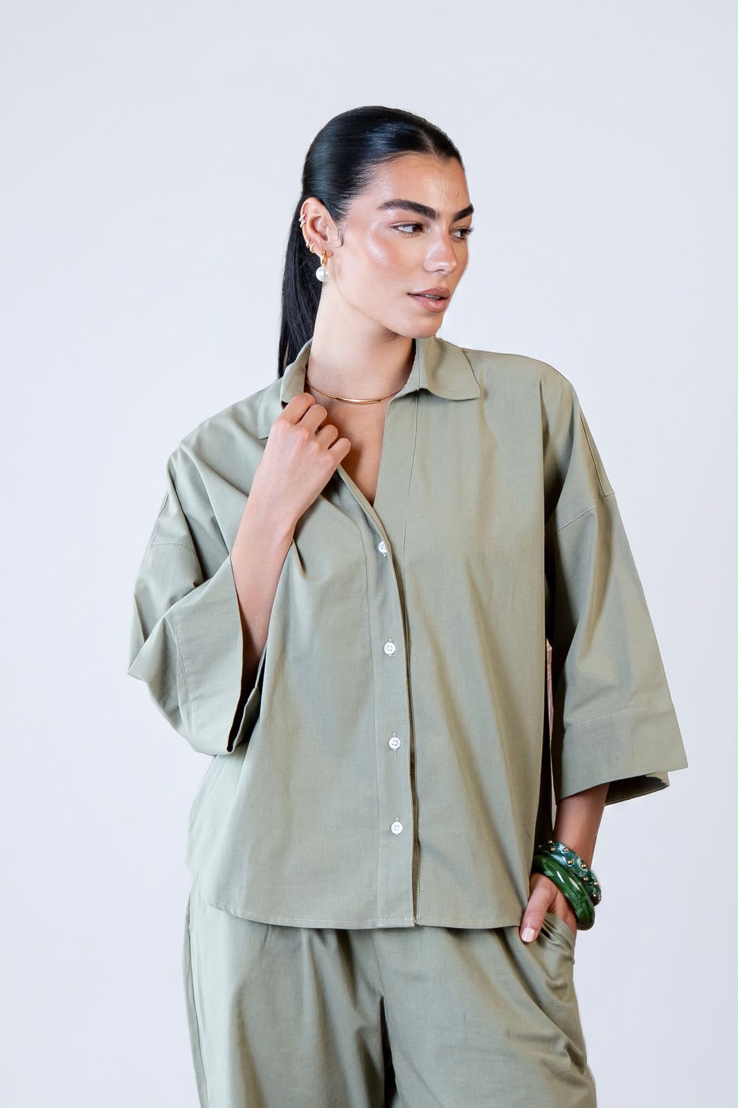 Wide Sleeve Linen Chemise -Olive