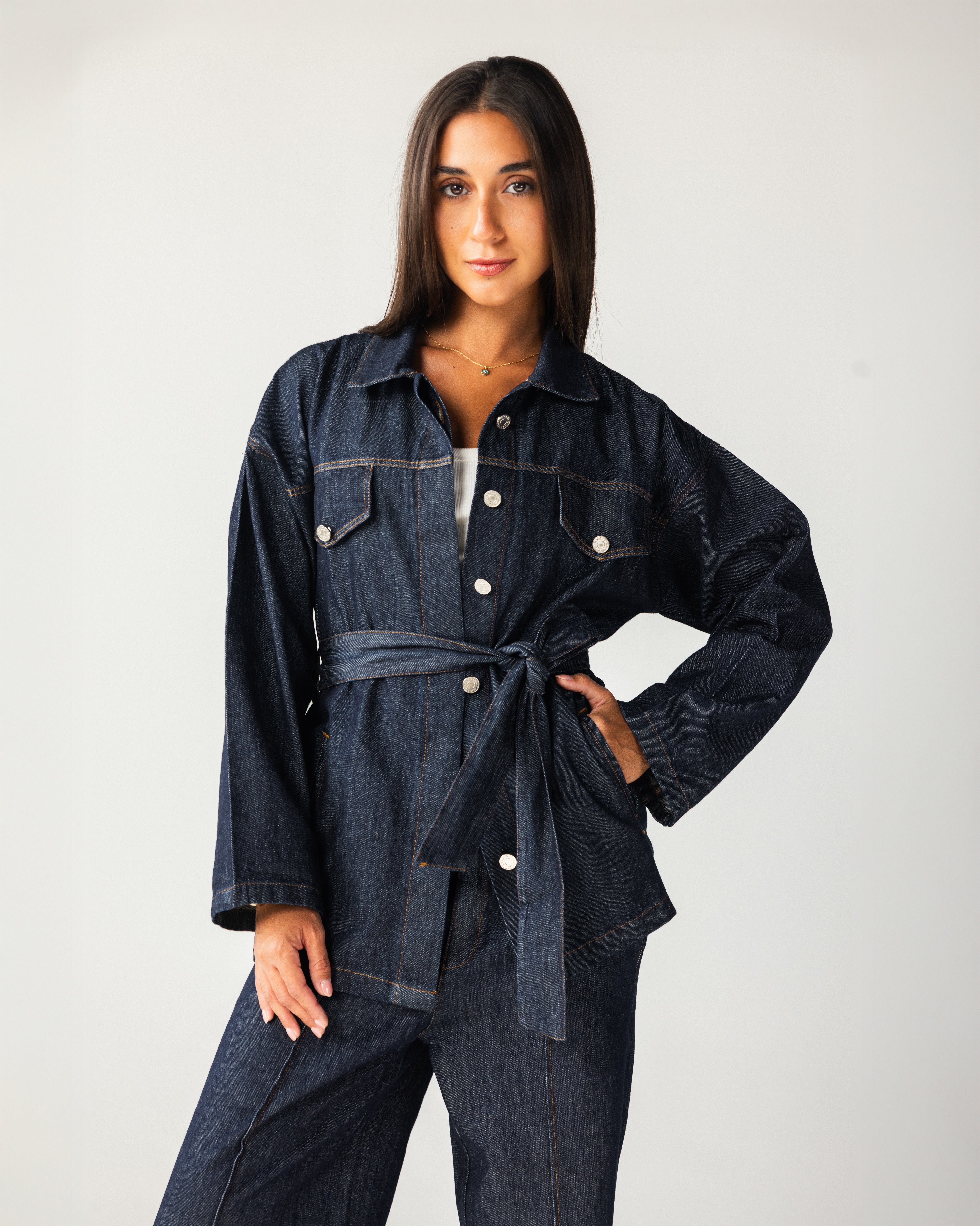 Denim Chemise With Belt - Blue Raw