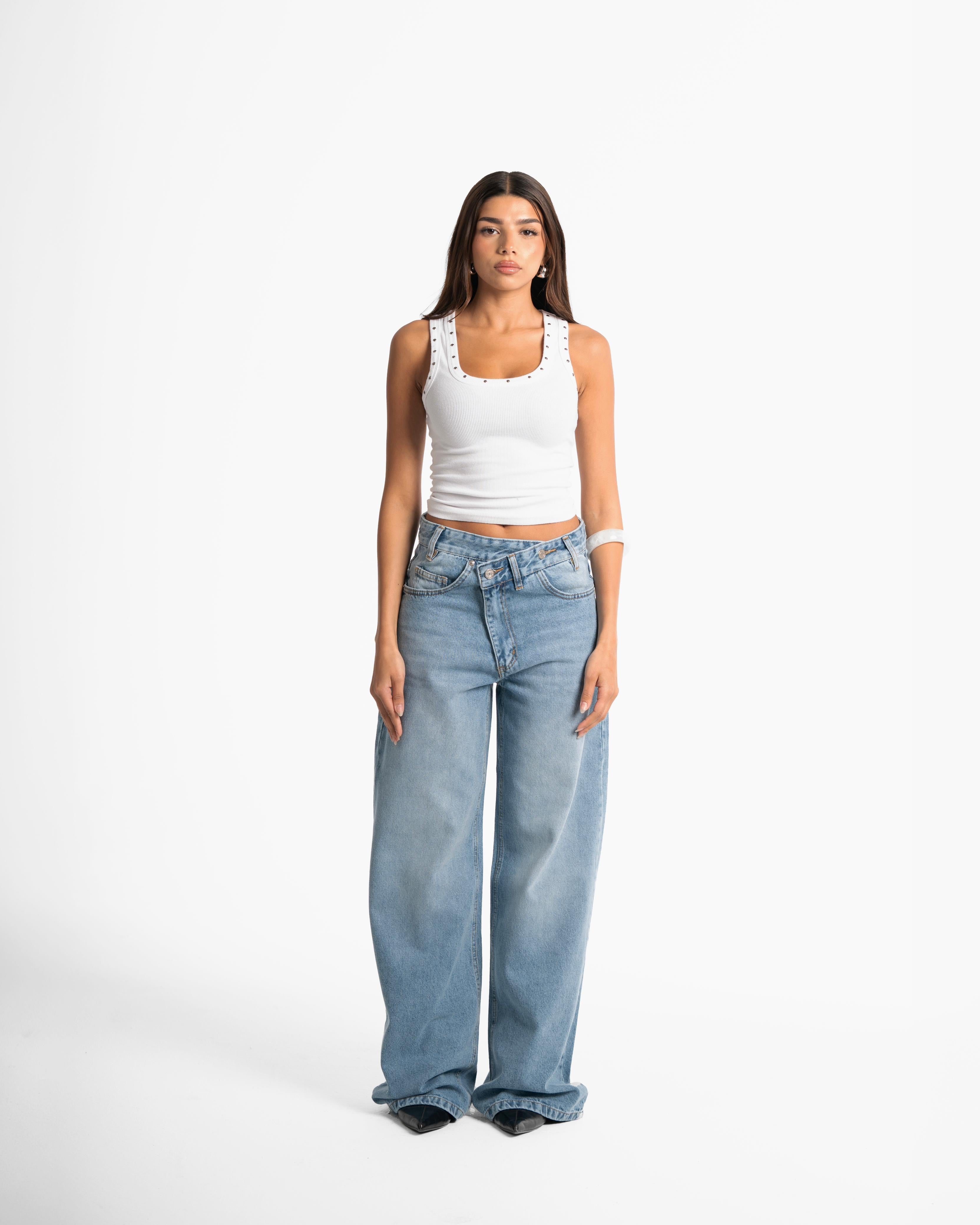 Cross-over waist wide leg jeans
 - Light blue
