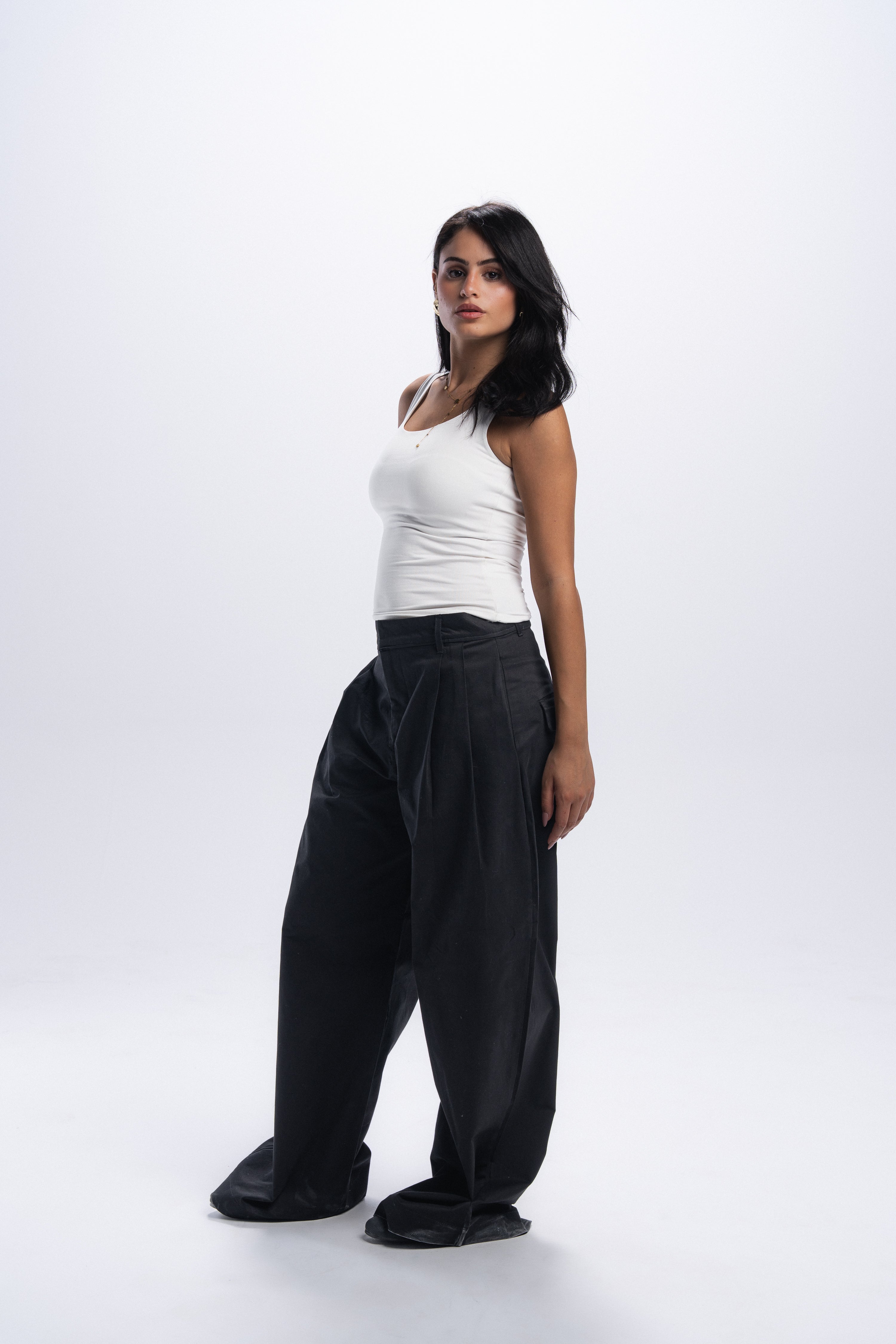 Pleated Gabardine Trousers- Black