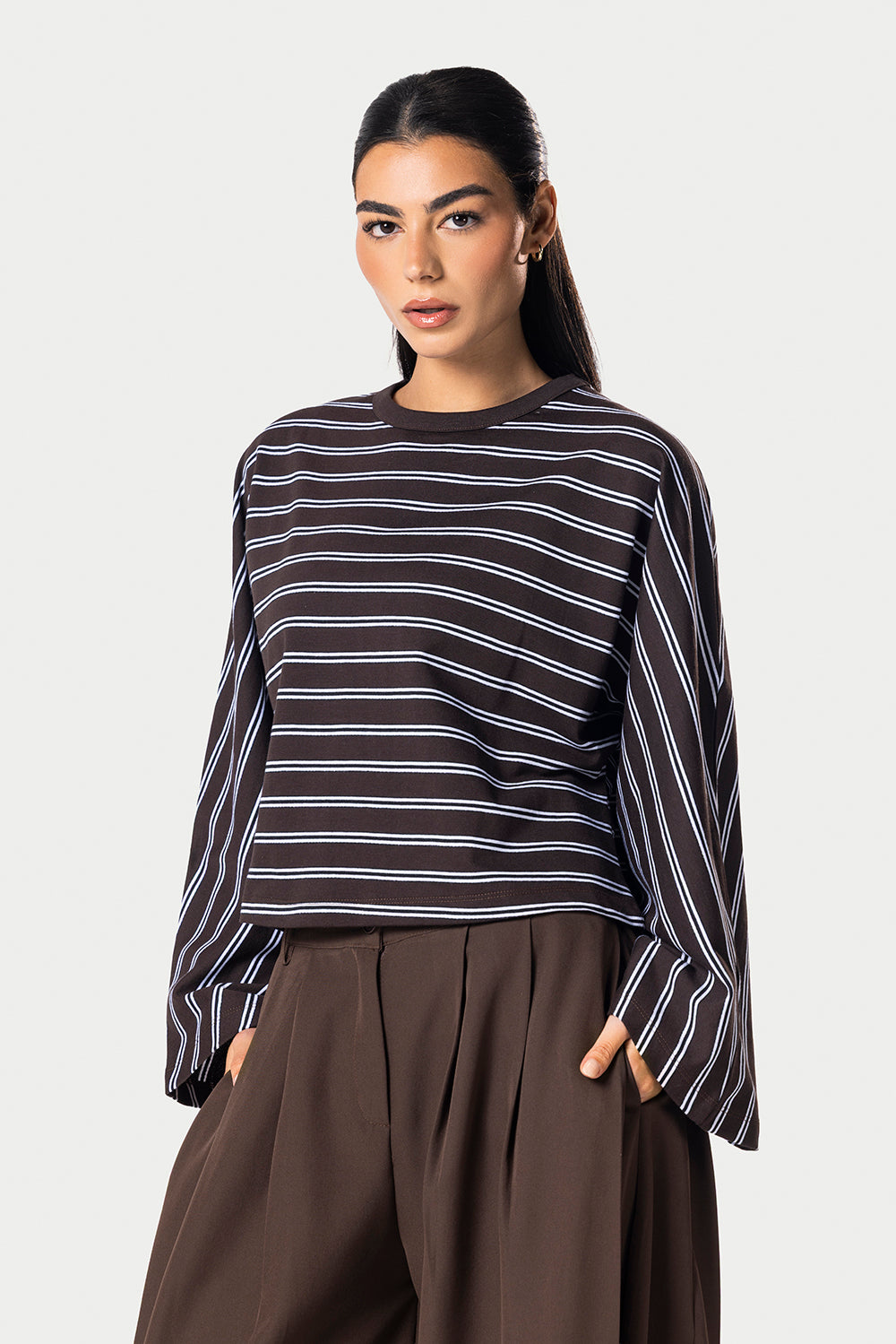 Wide Sleeve Striped Tee – Brown – photo 2