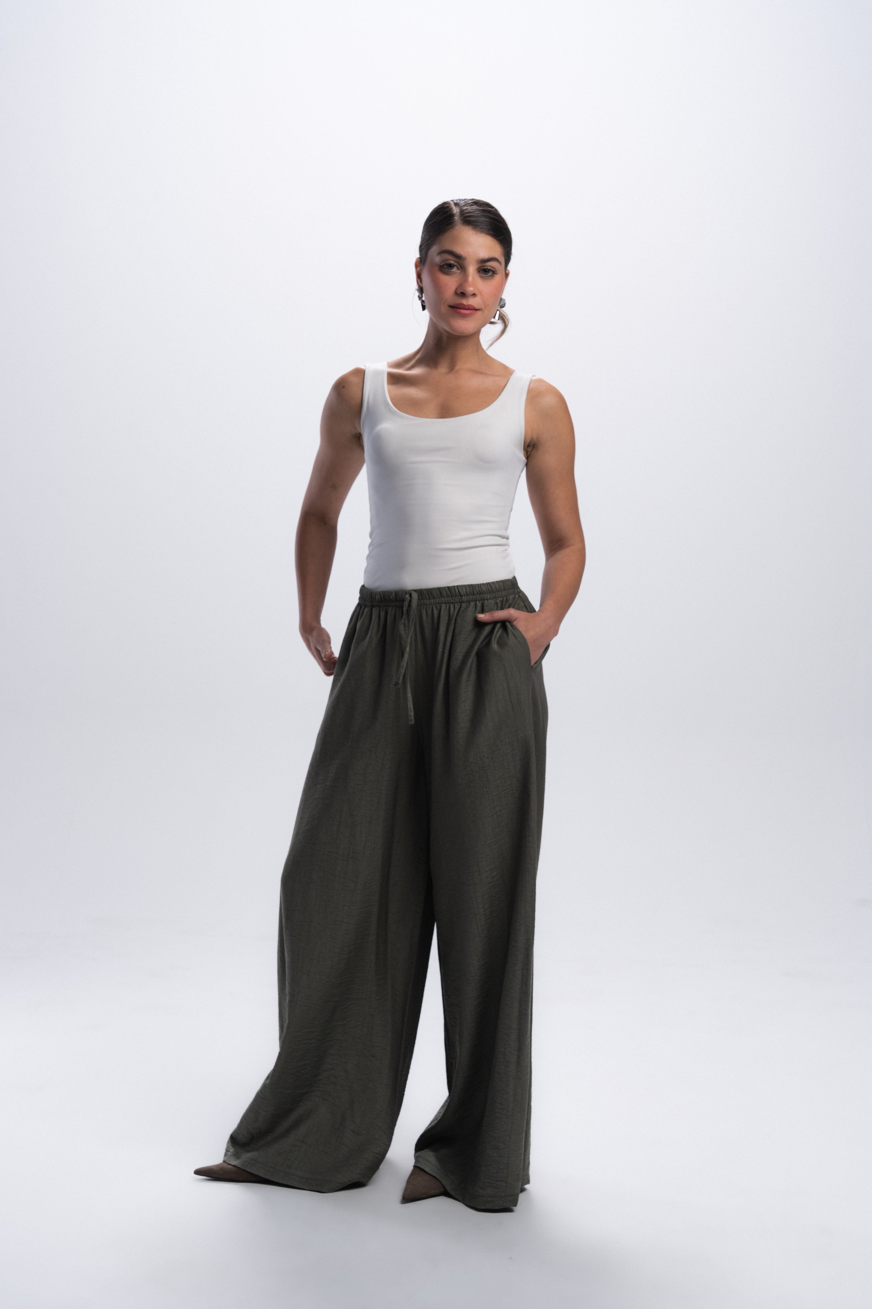 Crinkle linen pants - Olive