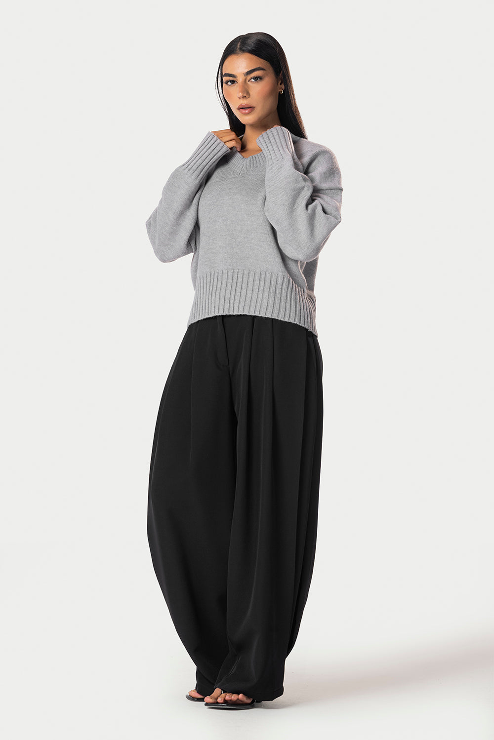 V-Neck Knitted Sweater – Grey – photo 6