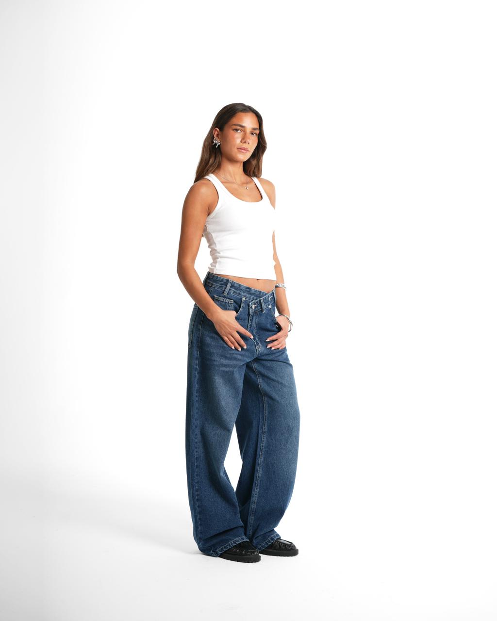 Cross-over waist wide leg jeans
 - Blue