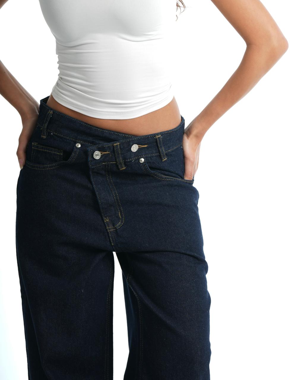 Cross-over waist wide leg jeans - Dark blue