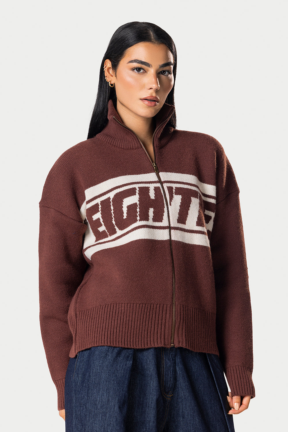 Eighties Zip Up knitted Sweater – Brown | Eighties