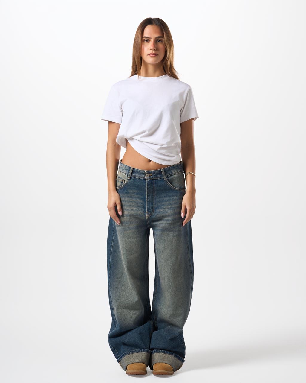 Baggy Folded Mid-Waist Jeans - vintage mid blue
