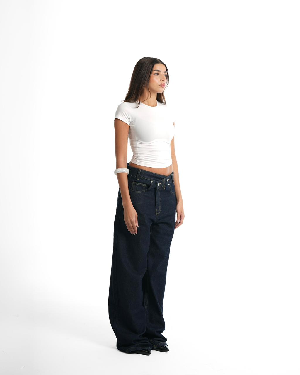 Cross-over waist wide leg jeans - Dark blue