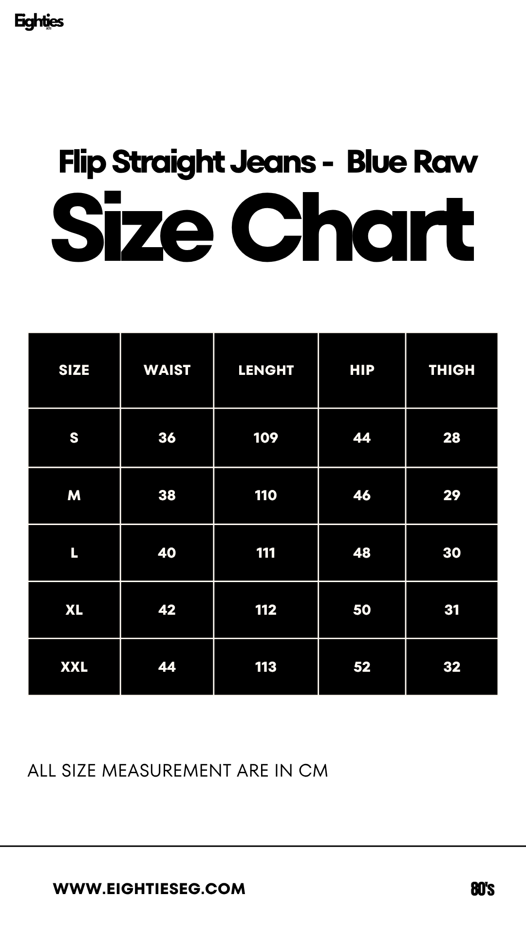 Flip straight jeans  - Blue Raw — Size chart