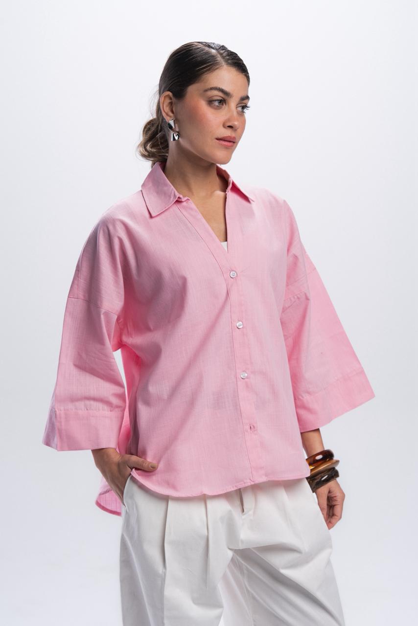 Wide Sleeve Linen Shirt - Pink