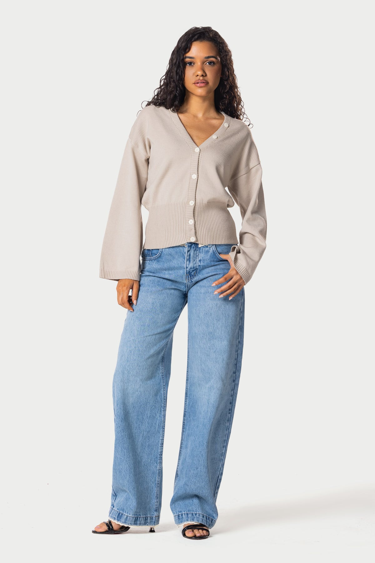 Wide Sleeve Knitted Cardigan – Beige – photo 5