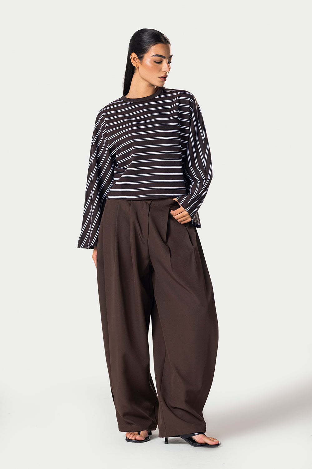 Wide Sleeve Striped Tee – Brown – photo 6