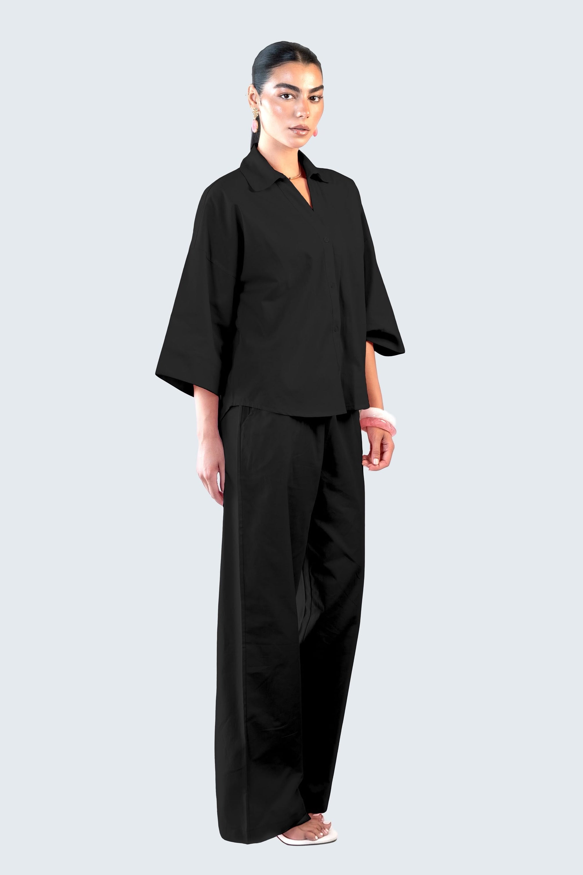 Wide Sleeve Linen Chemise - Black