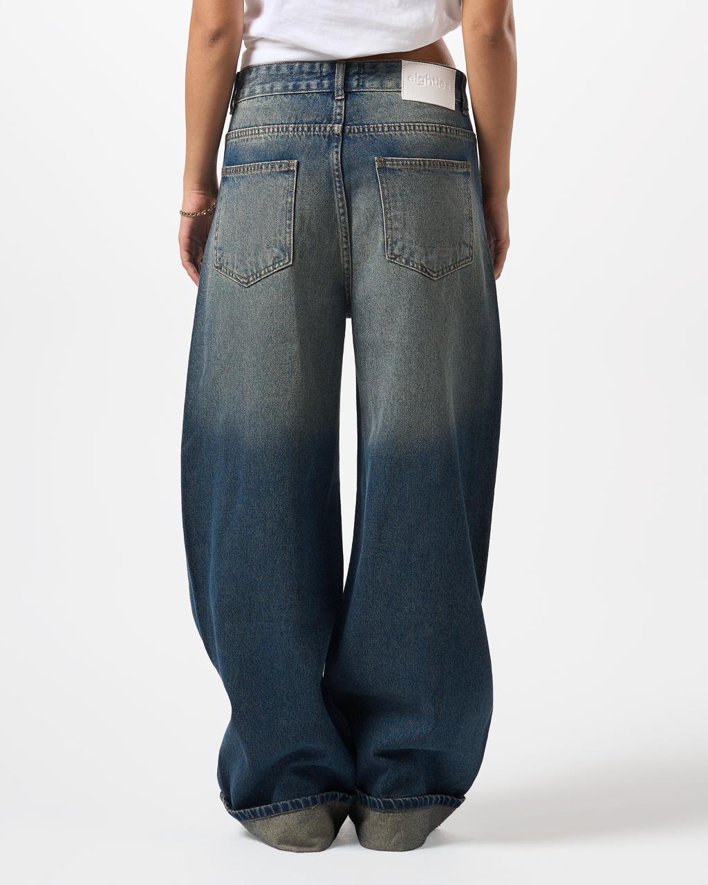 Baggy Folded Mid-Waist Jeans - vintage mid blue