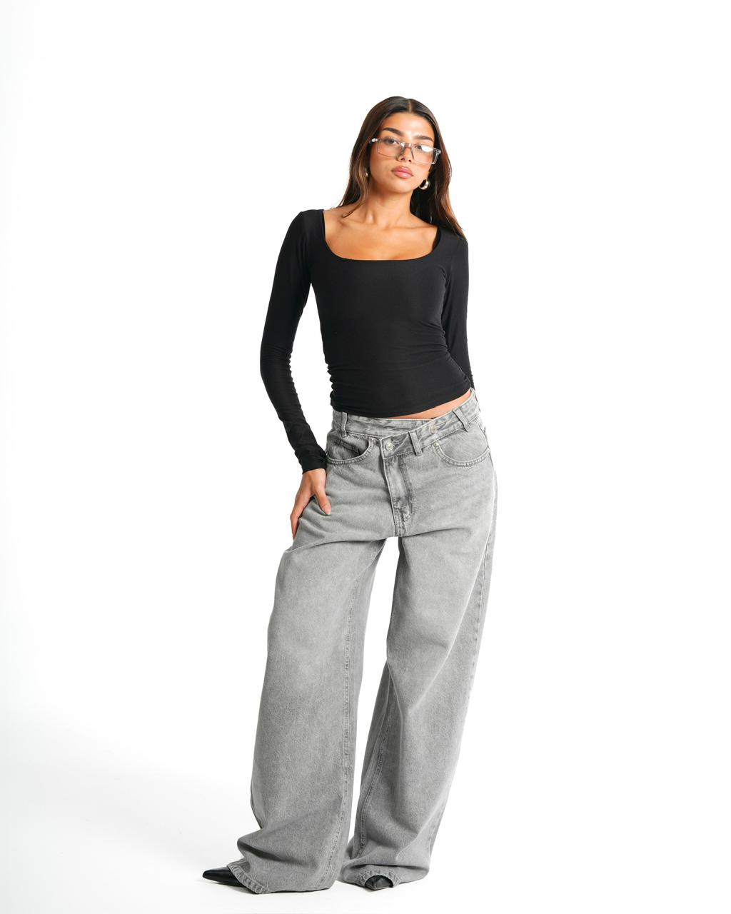Cross-over waist wide leg jeans - light grey