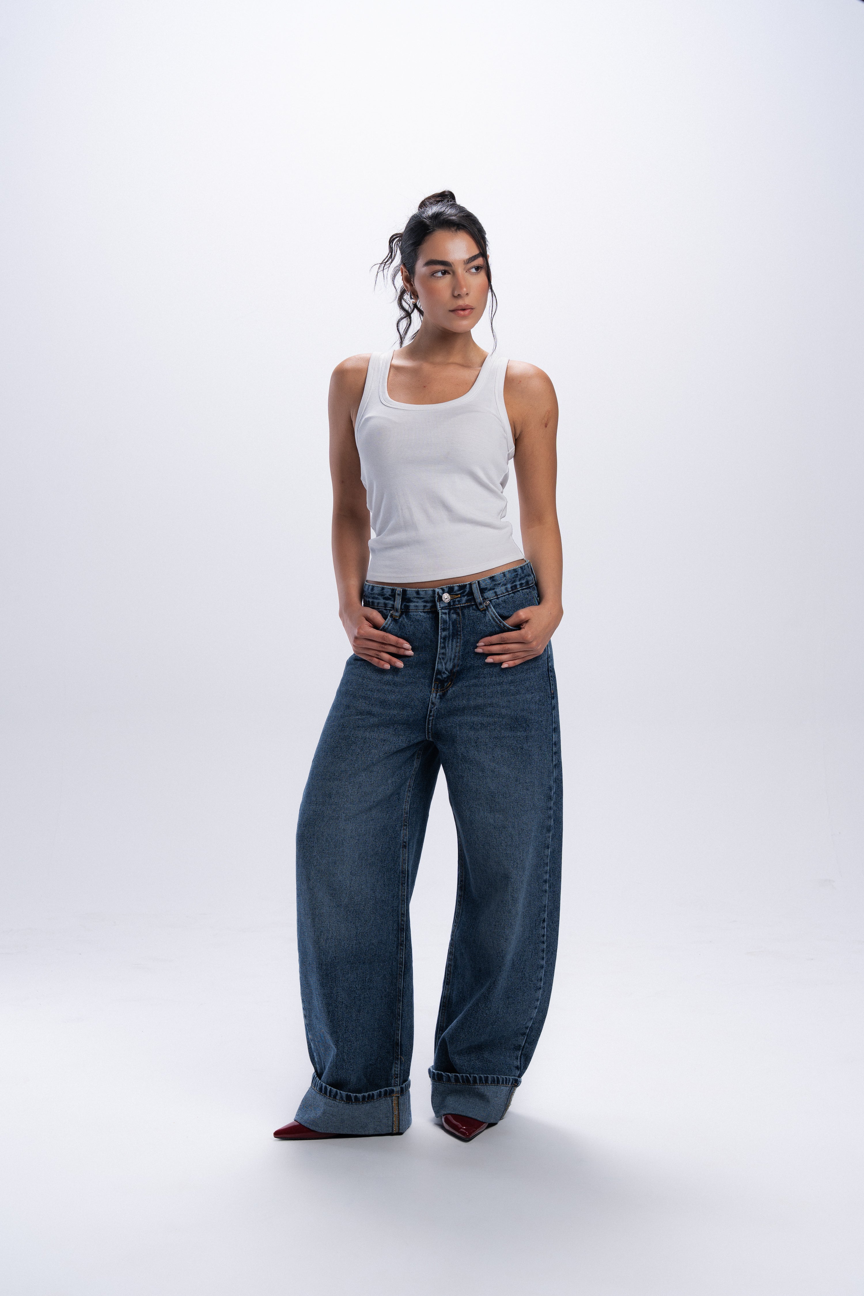 Baggy Folded Mid-Waist Jeans - Blue
