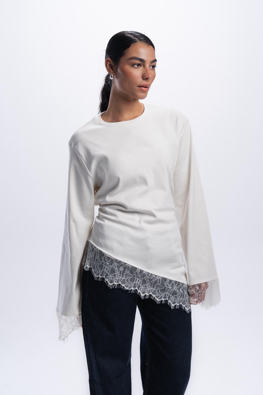Long Sleeve Back tie lace Tee - Off white