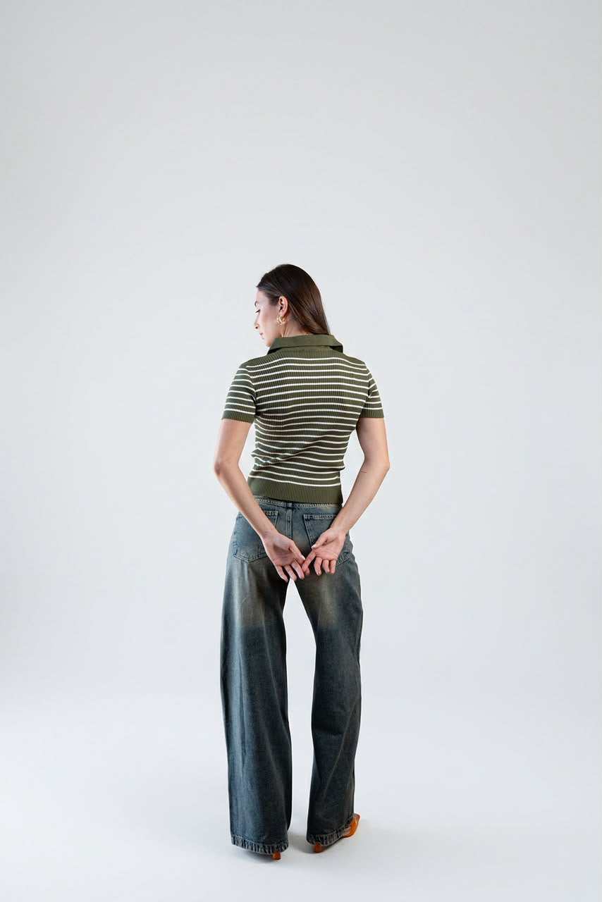 Buttoned Striped Knit Top - Olive cream