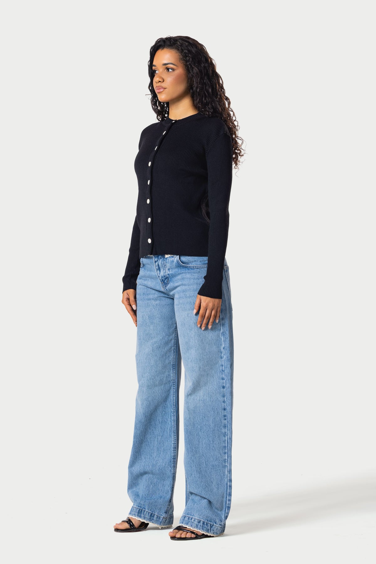 Knitted Ribbed Button Cardigan – Black – photo 5