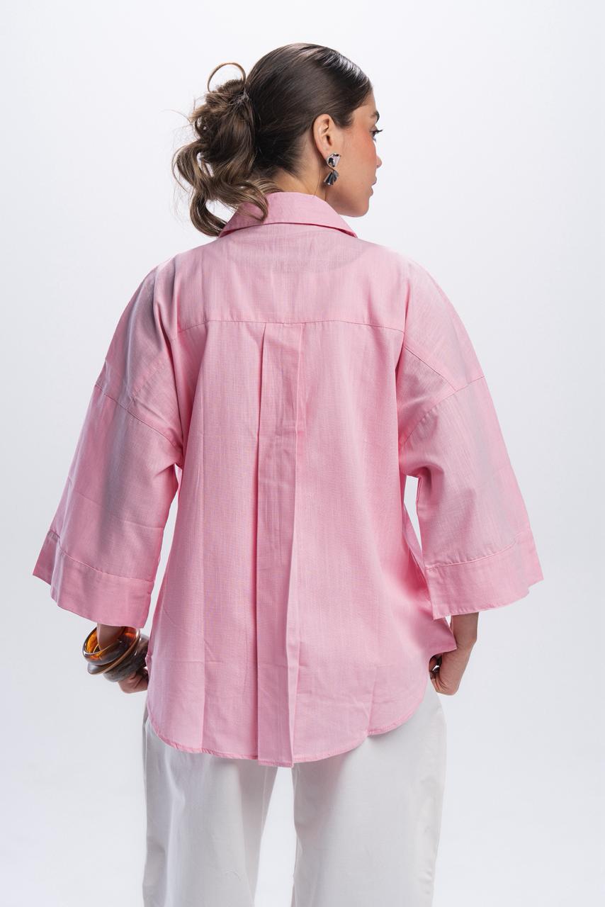 Wide Sleeve Linen Shirt - Pink