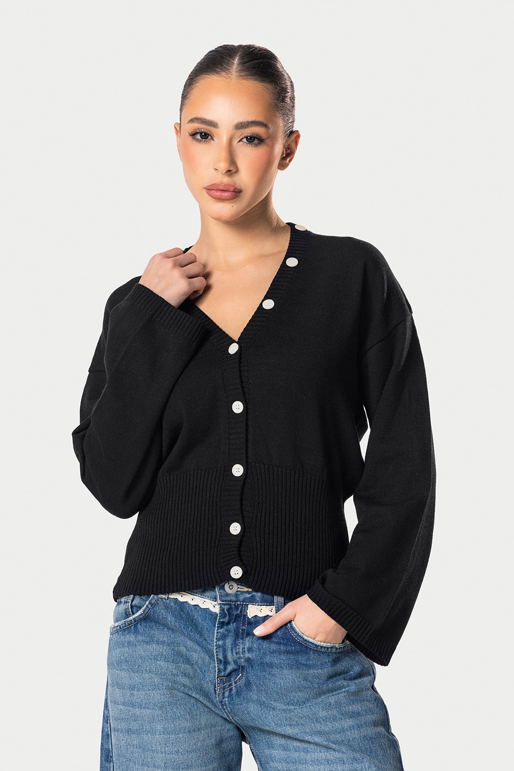Wide Sleeve Knitted Cardigan – Black – photo 2