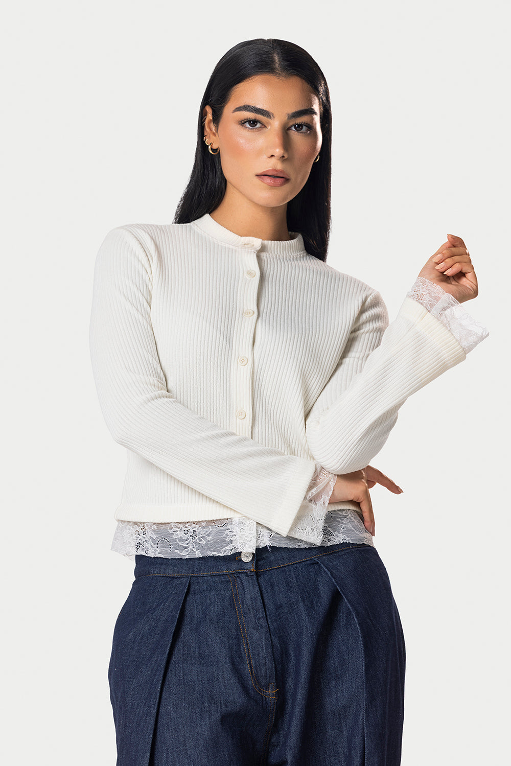 Long sleeve lace buttons top – Off white – photo 4
