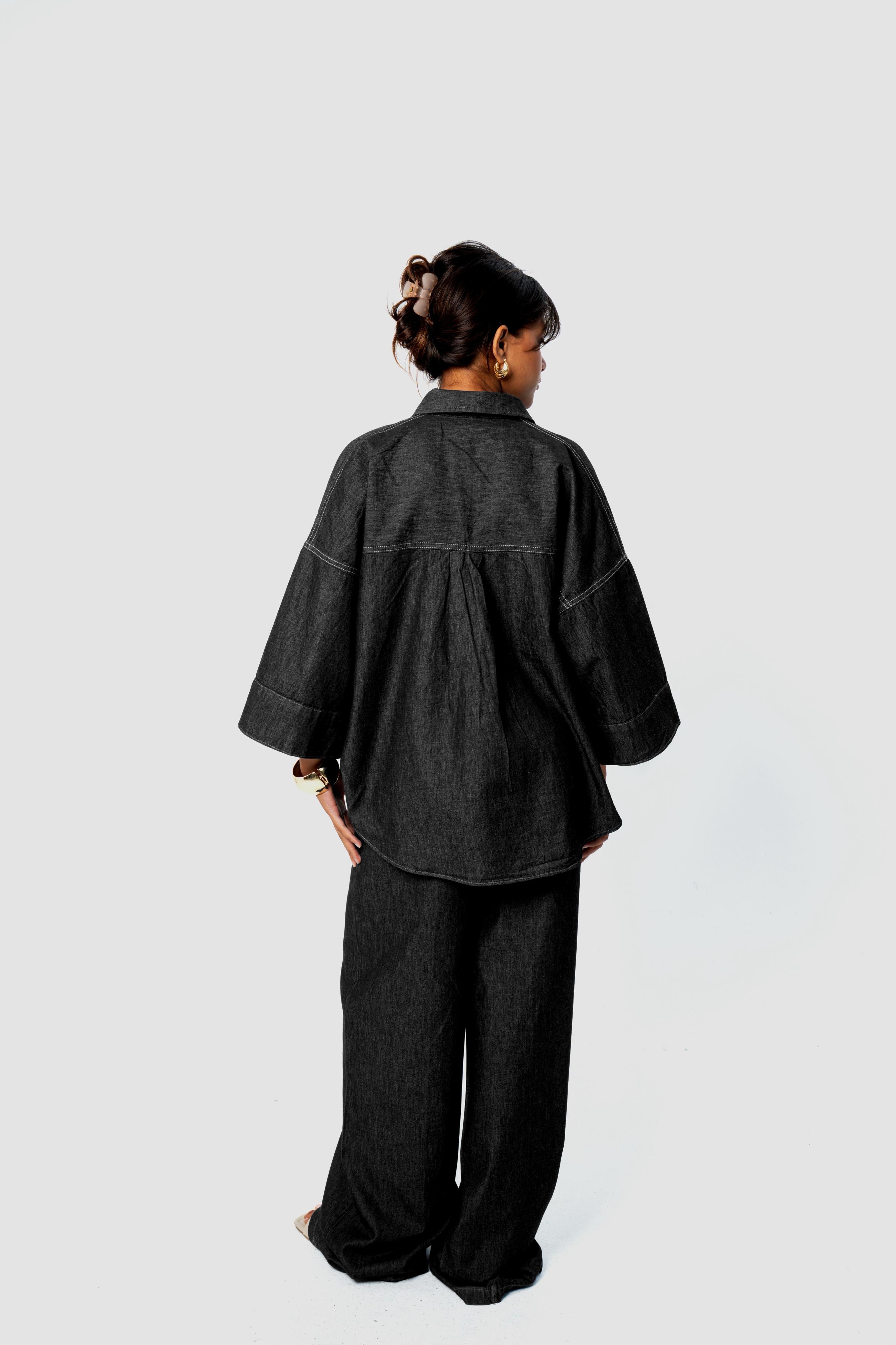 WIDE SLEEVE DENIM SHIRT - Dark Black