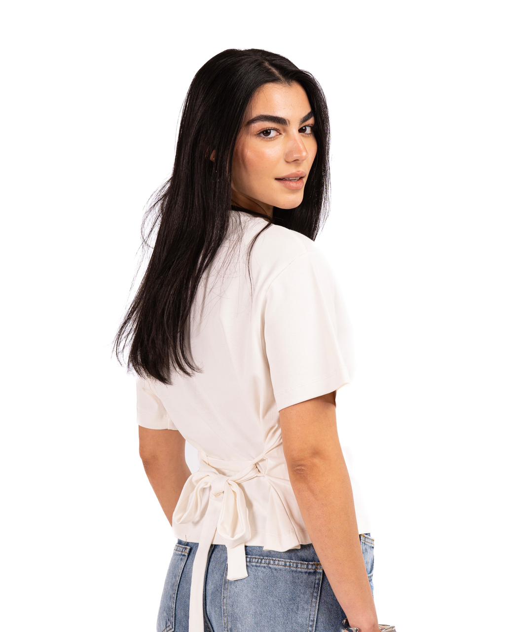 Short Sleeve Back-Tie Top - Offwhite
