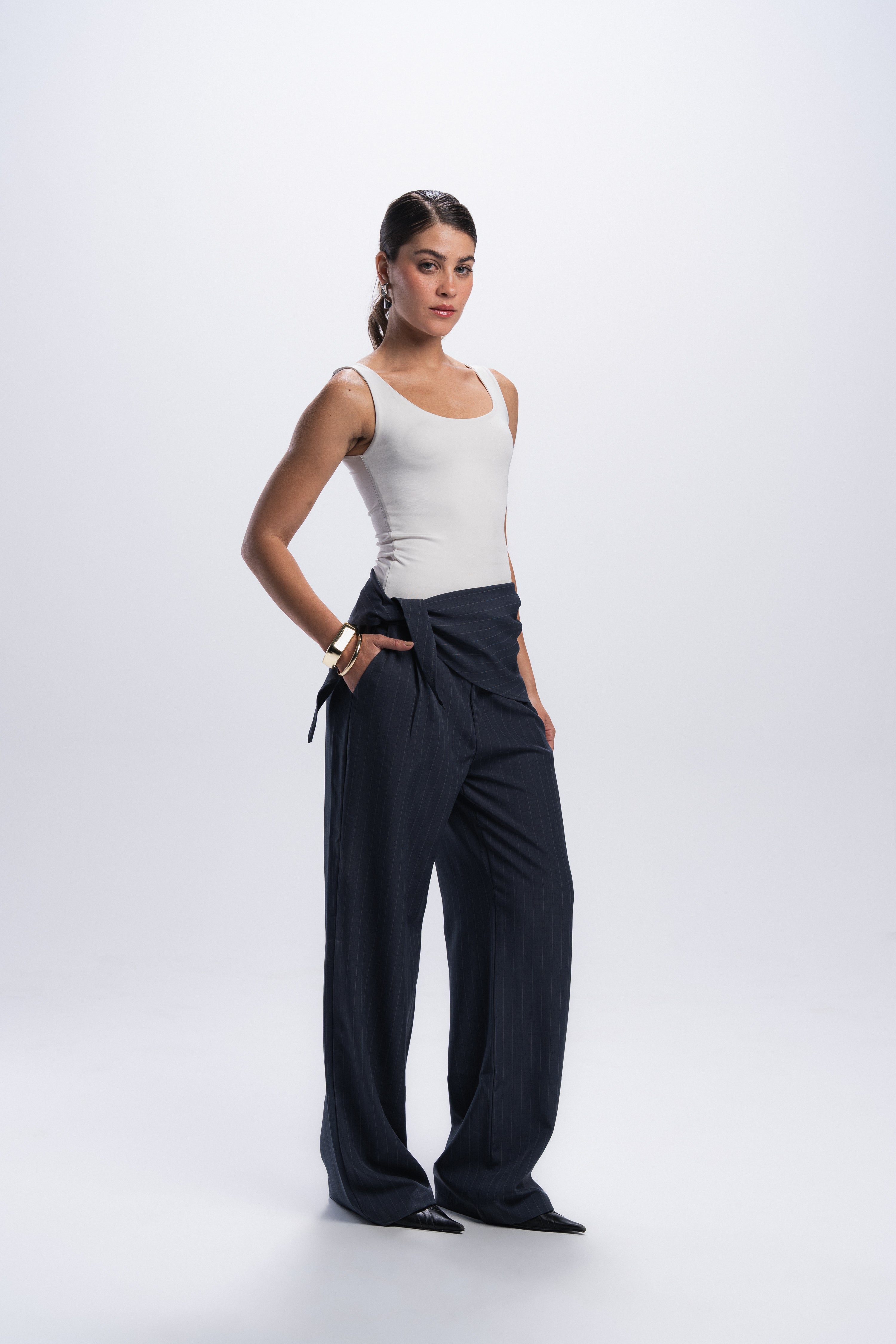 Scarf Pinstriped Pants - Grey
