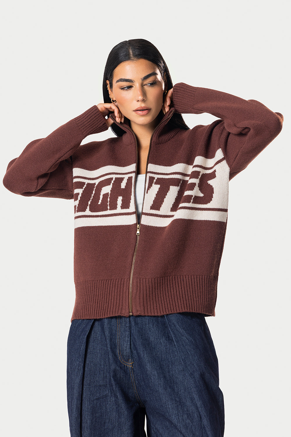 Eighties Zip Up knitted Sweater – Brown – photo 5