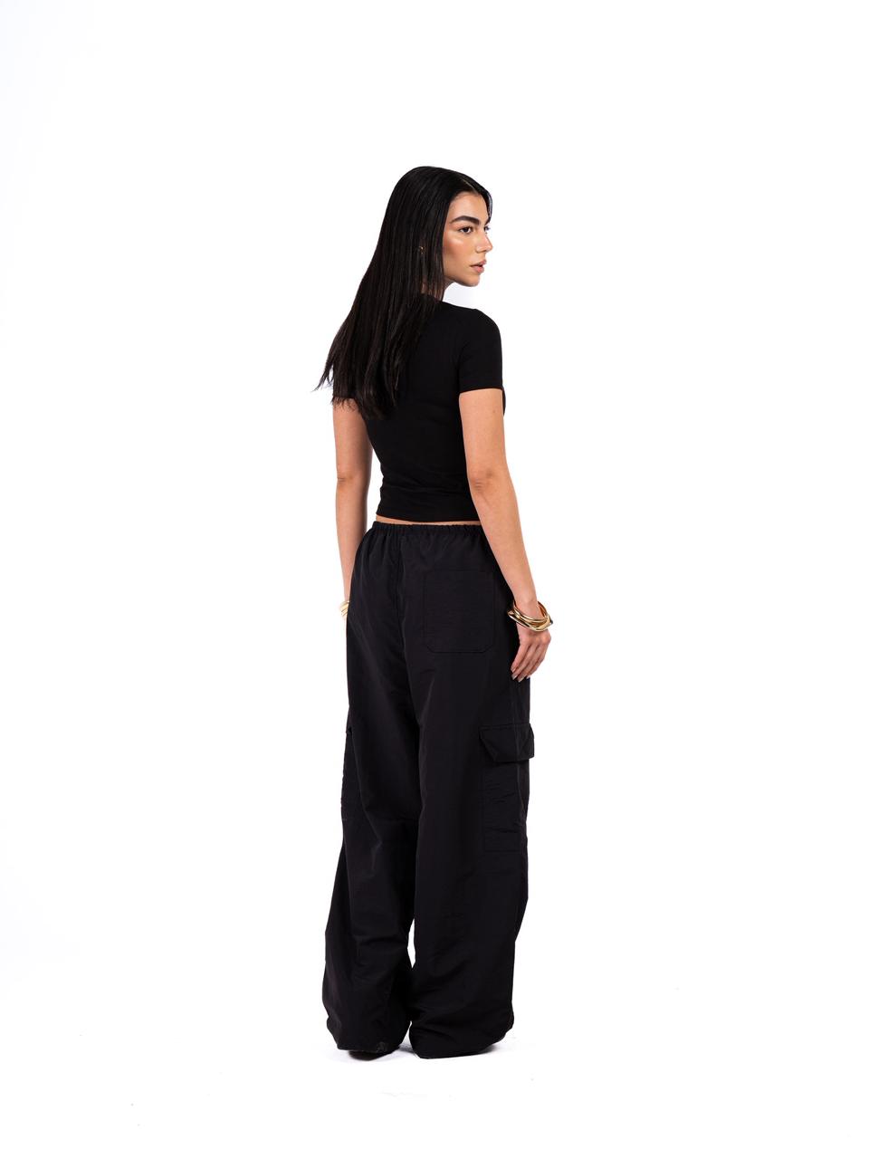 Wide Leg Parachute Pants - Black