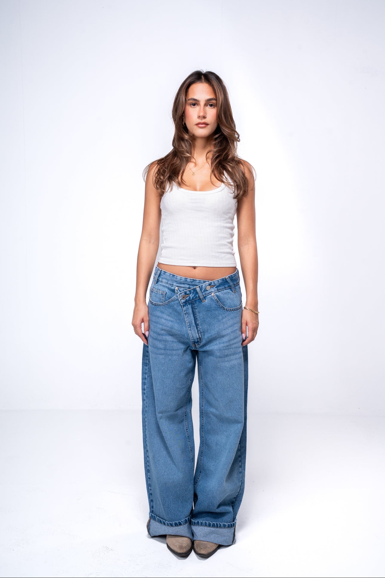 Sky blue wide-Leg Crossover Waist Jeans