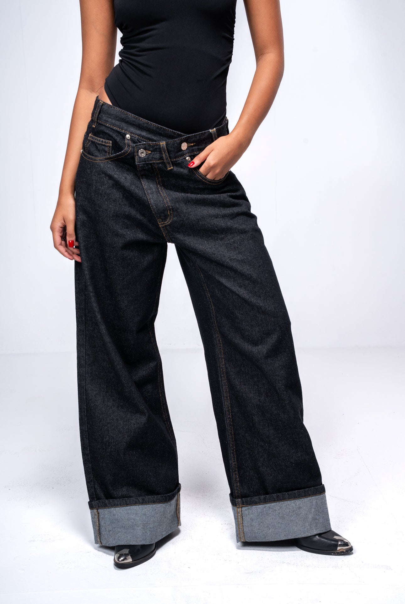 Dark Black wide-Leg Crossover Waist Jeans