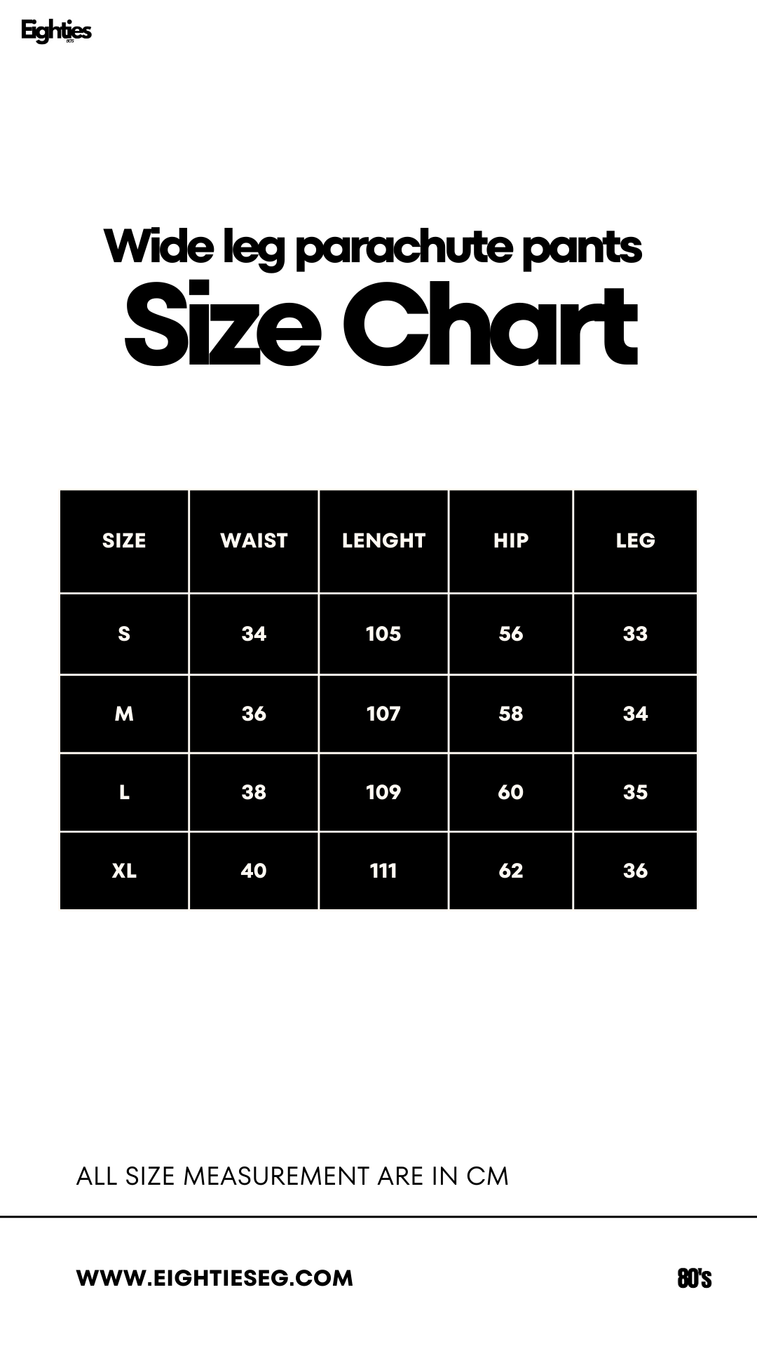 Wide Leg Parachute Pants -Beige — Size chart